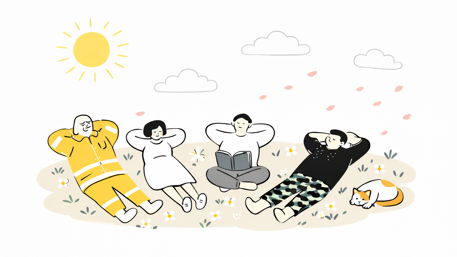 のんびり日向ぼっこしている人たちのイラスト